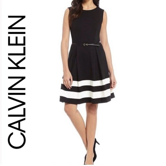 Calvin Klein Dresses & Skirts - Calvin Klein Womens Sleeveless Striped Hem Fit & Flare Knit Dress Black Size 2